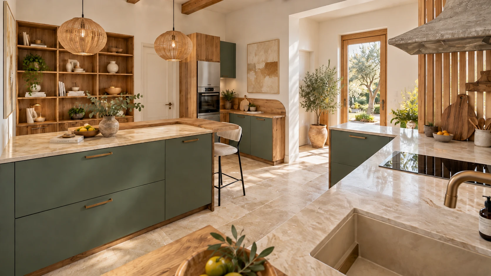 Cuisine vert profond et bois naturel, suspensions en fibres et pierre claire
