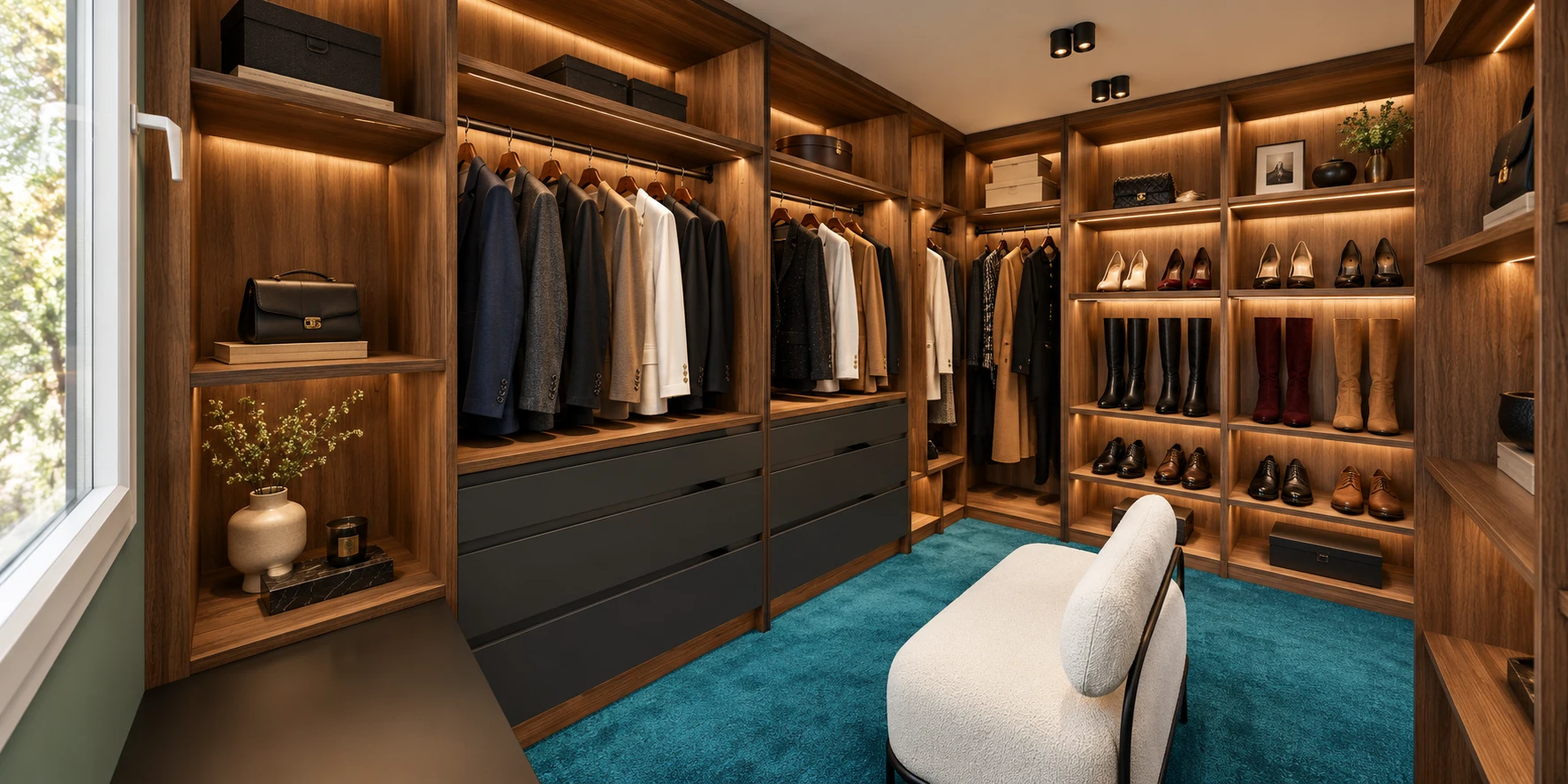 Dressing en noyer avec tiroirs anthracite et banquette