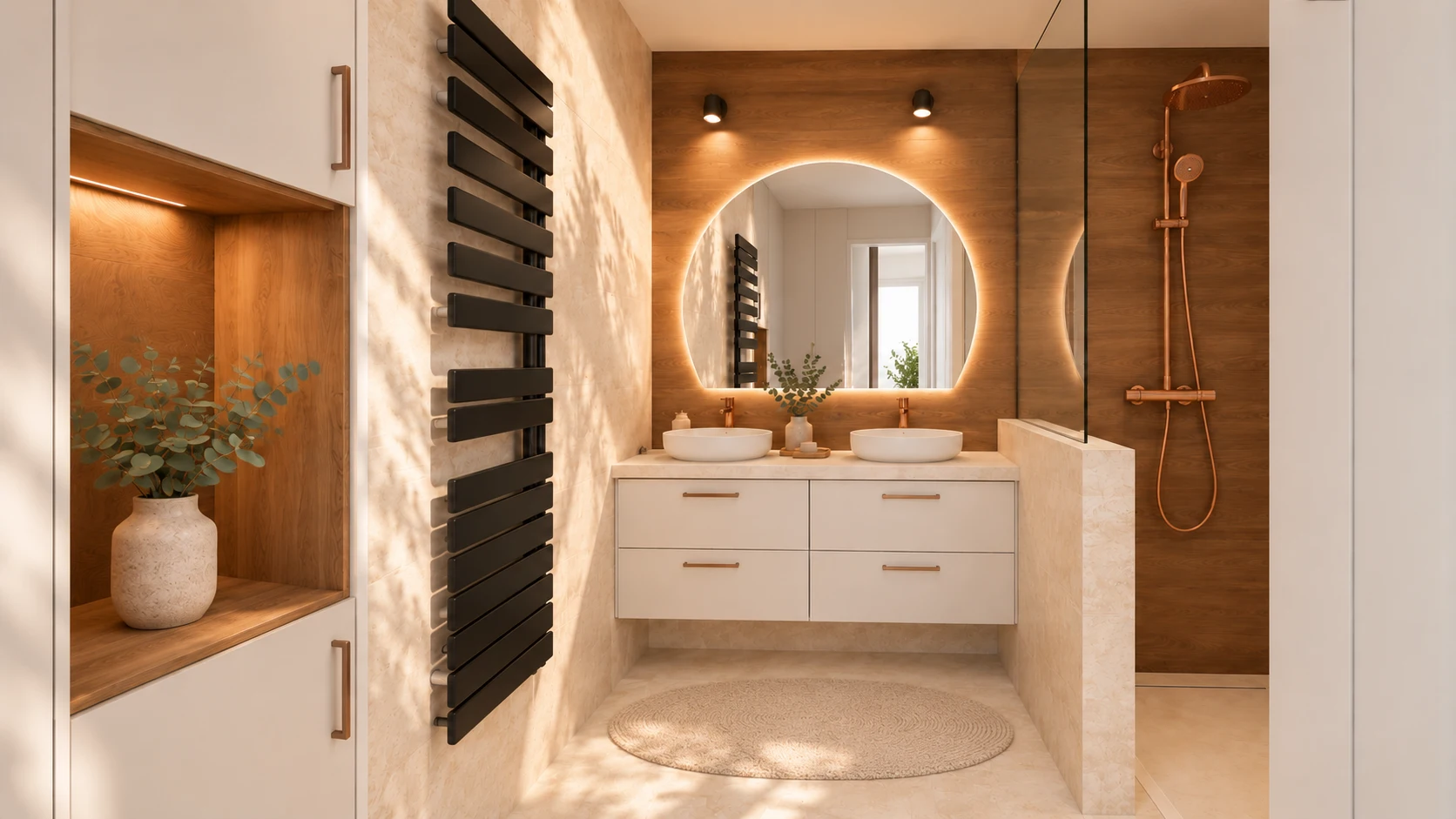 Salle de bains beige avec miroir rond éclairé et niche