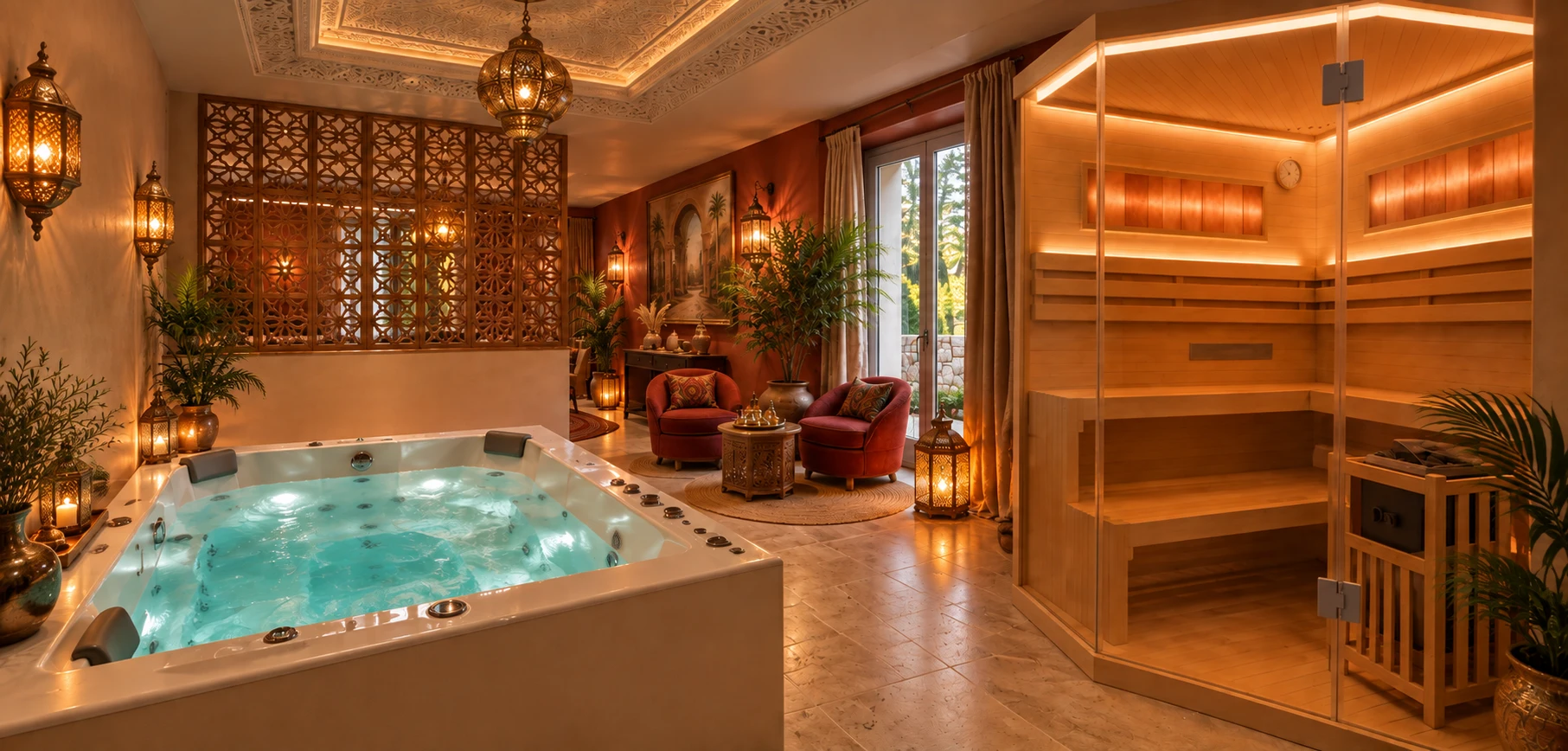 Spa chaleureux avec bassin, sauna et boiseries sculptées